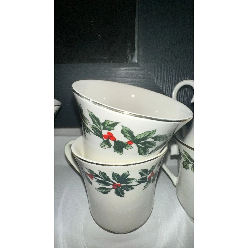 Baum Brothers “Holly” 12 Porcelain Christmas Teacups 6oz & 8 Saucers China